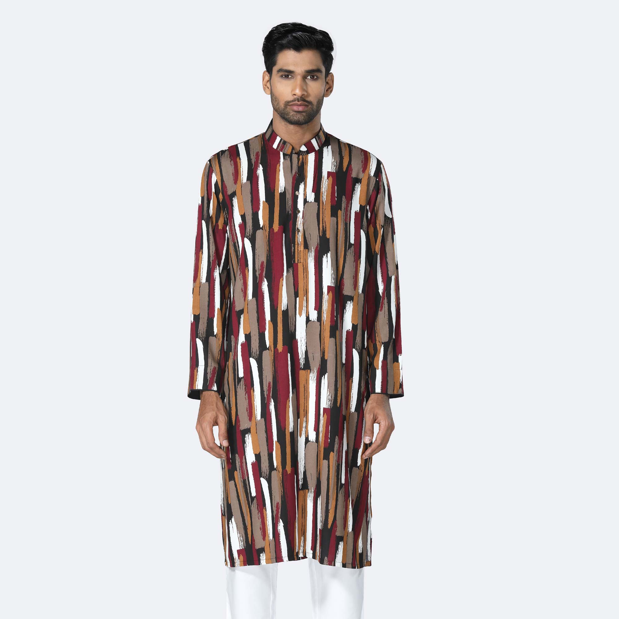 Men’s Maroon Multi-color Printed Viscose Panjabi